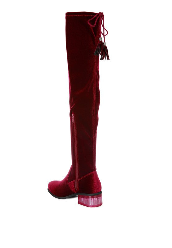 Women's RUMPLE Velvet Over The Knee Clear Heel Boots