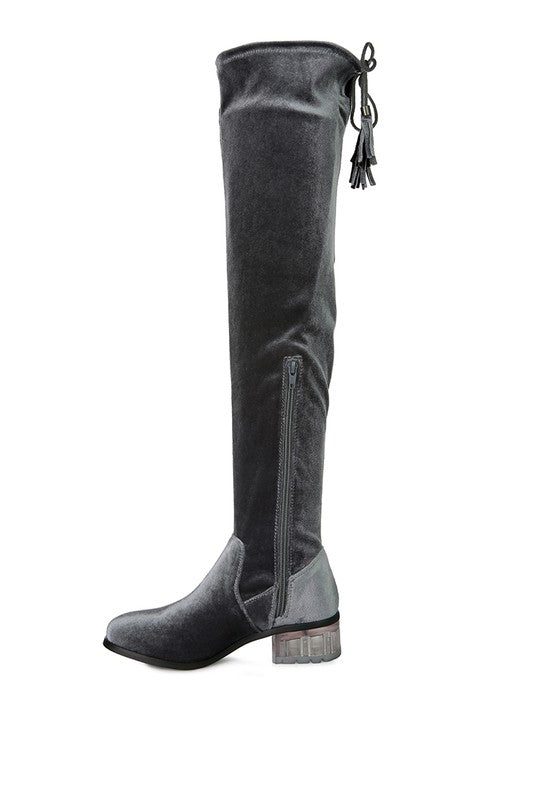 Women's RUMPLE Velvet Over The Knee Clear Heel Boots