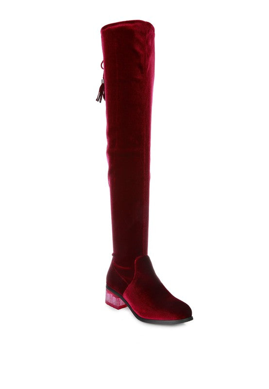 Women's RUMPLE Velvet Over The Knee Clear Heel Boots