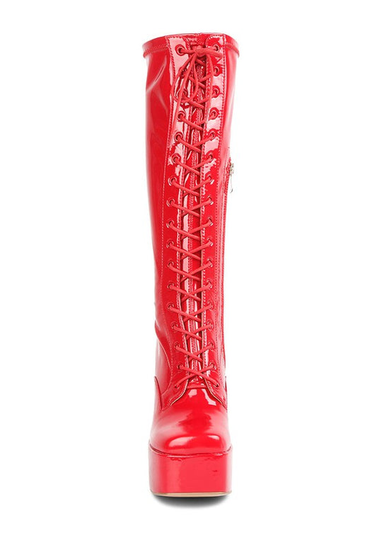 Women's Red Black Snowflakes Patent Leather High Platform Calf Boots