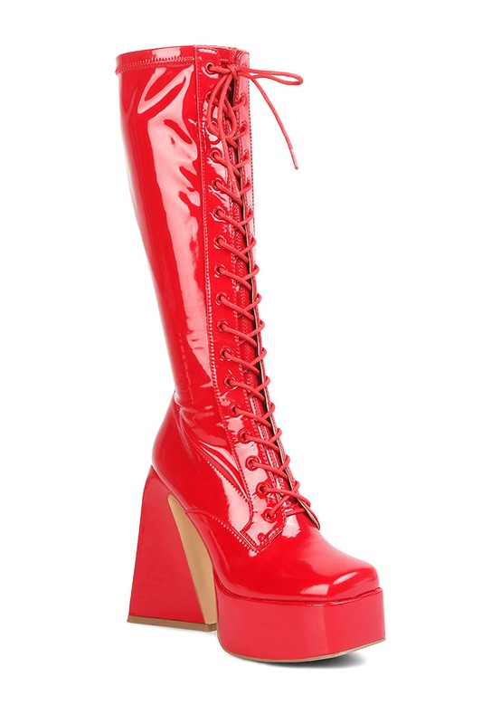Women's Red Black Snowflakes Patent Leather High Platform Calf Boots