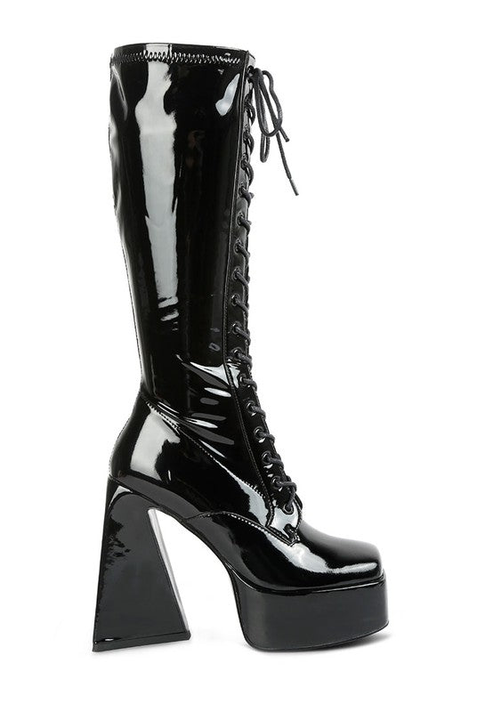Women's Red Black Snowflakes Patent Leather High Platform Calf Boots