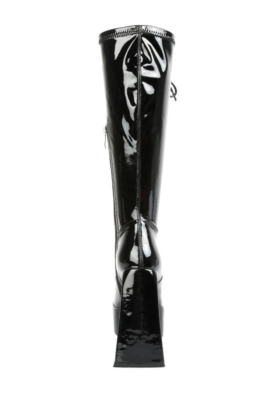 Women's Red Black Snowflakes Patent Leather High Platform Calf Boots