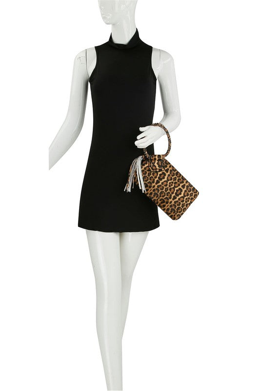 Women's Leopard Cuff Handle Tassel Wristlet Clutch