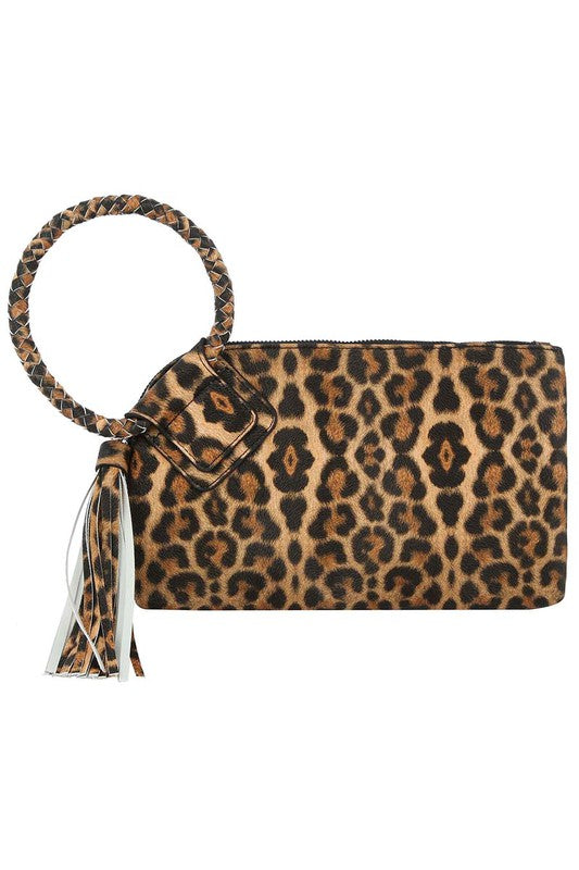 Women's Leopard Cuff Handle Tassel Wristlet Clutch