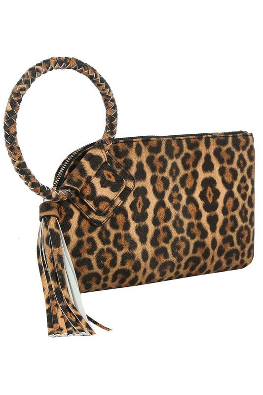 Women's Leopard Cuff Handle Tassel Wristlet Clutch