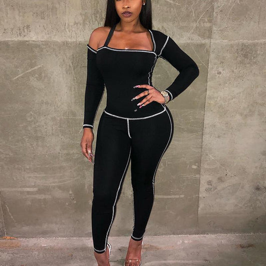Women's Square Collar Bodycon jumpsuit Long sleeve knitted