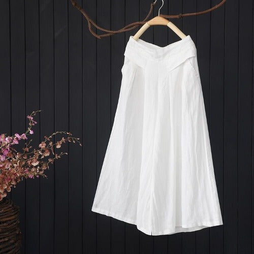 Women's Cotton and Linen Casual Retro Plus Size Wide Legs Cropped Pants