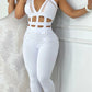 Women's Hollow Out Halter Buckled Contrast Mesh Jumpsuit
