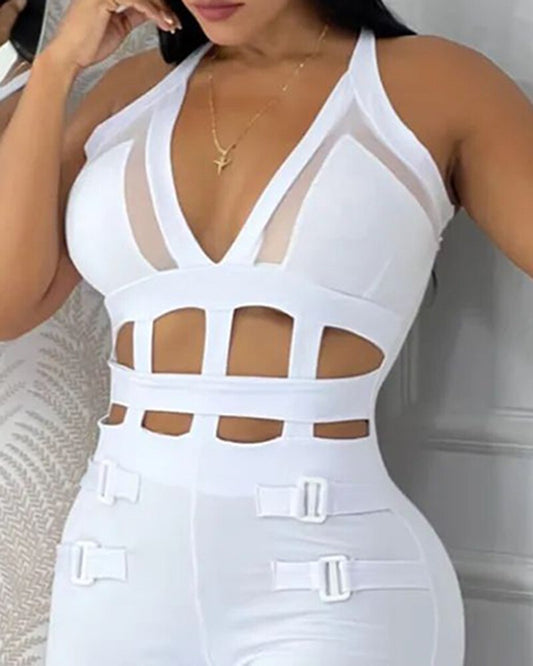 Women's Hollow Out Halter Buckled Contrast Mesh Jumpsuit