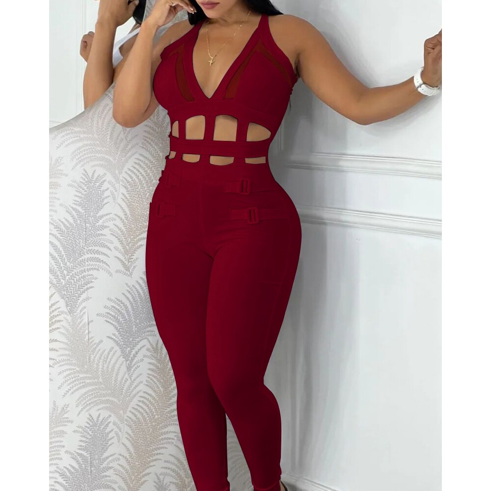 Women's Hollow Out Halter Buckled Contrast Mesh Jumpsuit