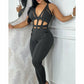 Women's Hollow Out Halter Buckled Contrast Mesh Jumpsuit