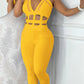 Women's Hollow Out Halter Buckled Contrast Mesh Jumpsuit