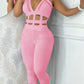 Women's Hollow Out Halter Buckled Contrast Mesh Jumpsuit