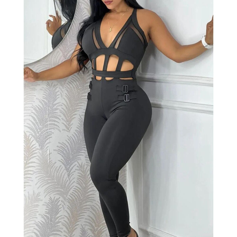 Women's Hollow Out Halter Buckled Contrast Mesh Jumpsuit