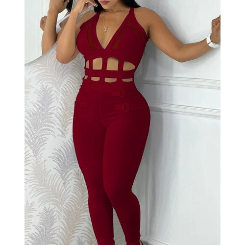 Women's Hollow Out Halter Buckled Contrast Mesh Jumpsuit