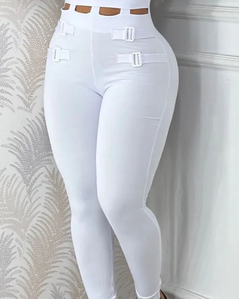 Women's Hollow Out Halter Buckled Contrast Mesh Jumpsuit
