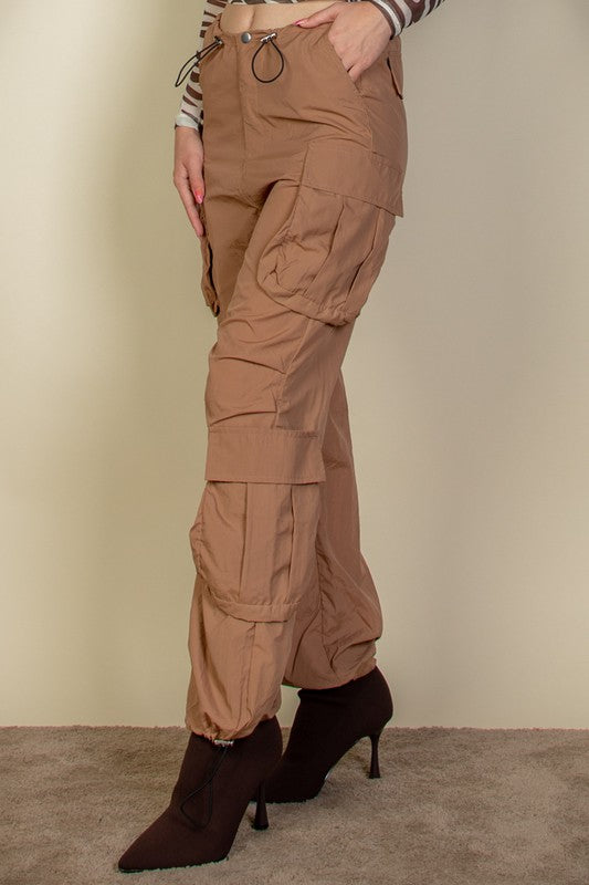 Women's Flap Pockets Drawstring Ruched Parachute Pants