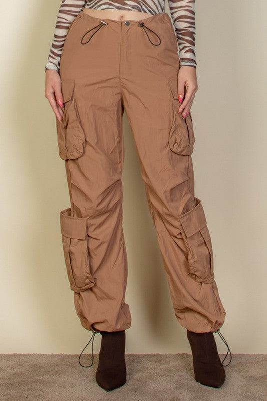 Women's Flap Pockets Drawstring Ruched Parachute Pants