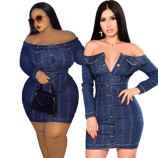 Women's Sexy Off Shoulder Denim Front Button Mini Dress