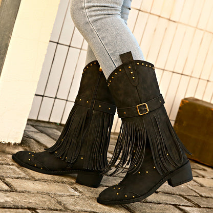 Women's Retro Tassel Boots With Rivet Strap Buckle Mid-calf Western Boots