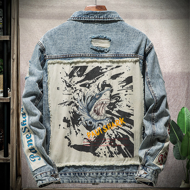 Men's Retro Denim Print Tide Brand Nostalgic Jacket