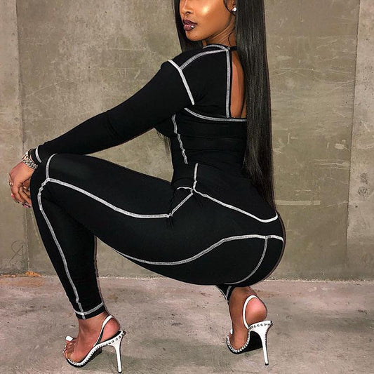 Women's Square Collar Bodycon jumpsuit Long sleeve knitted