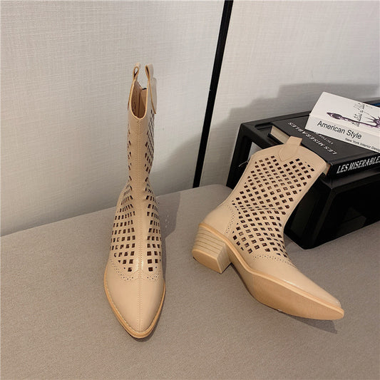 Women's Pointed Toe Western Toe Thick Heel Net Cowboy Boots