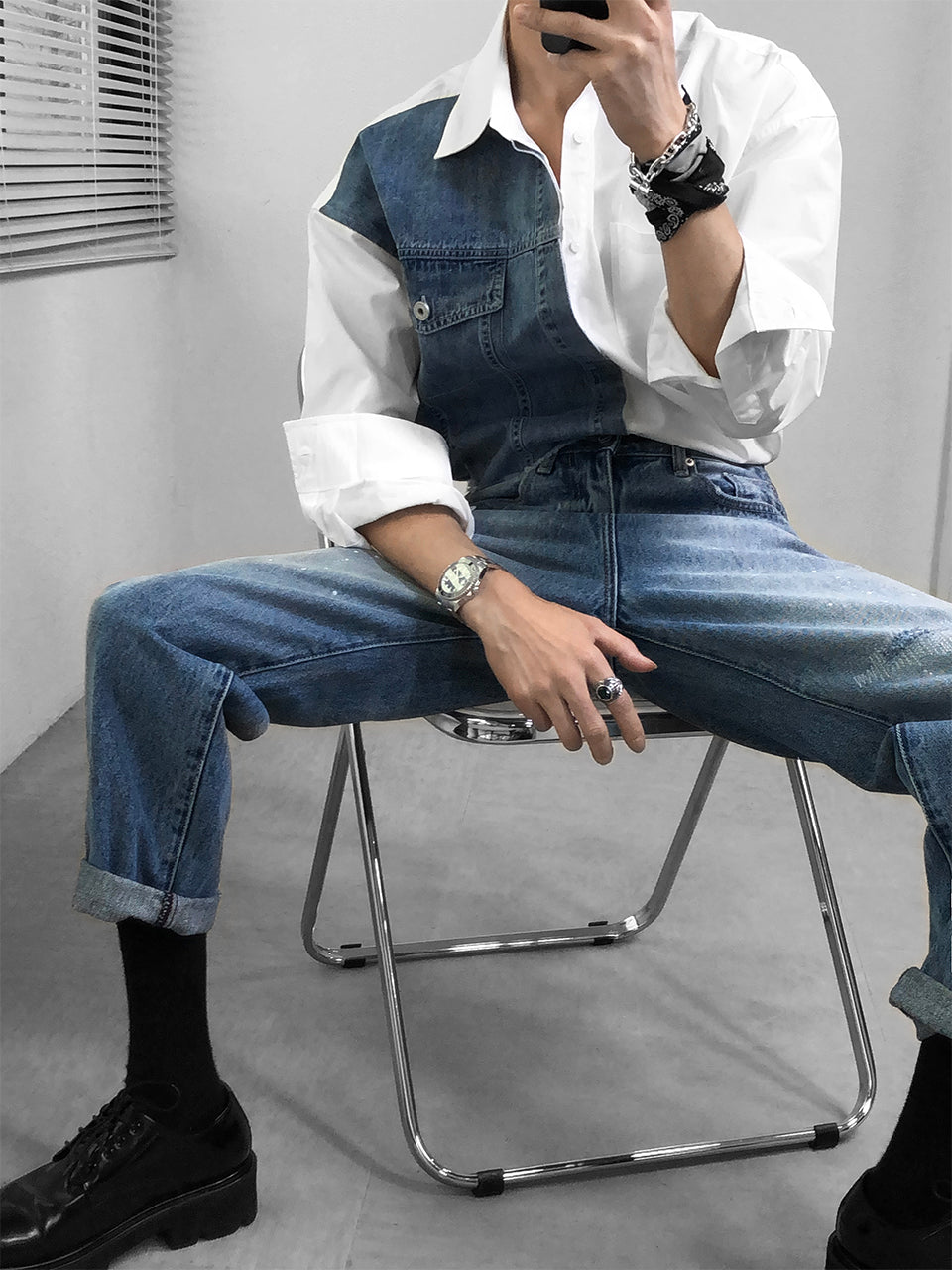 Men's Retro Denim Splicing Design Shirt