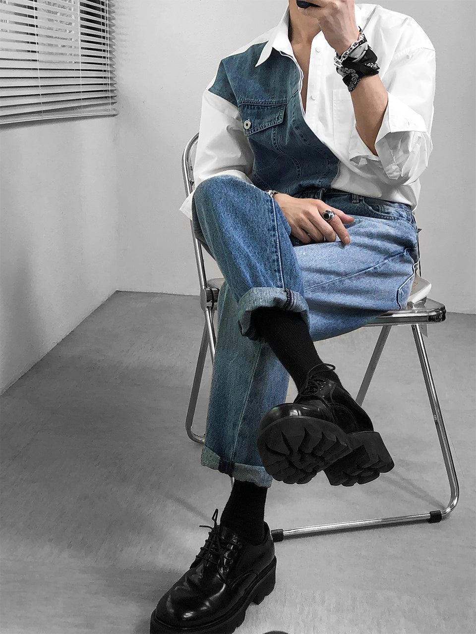 Men's Retro Denim Splicing Design Shirt