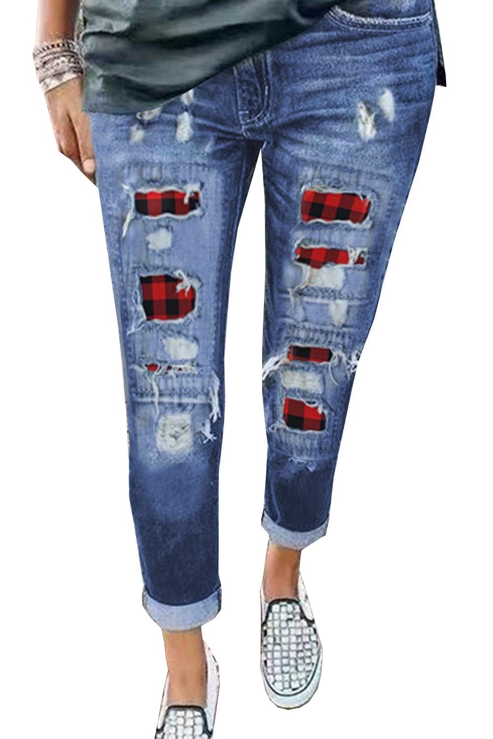 Women's Ripped Plaid Straight Legs Jeans
