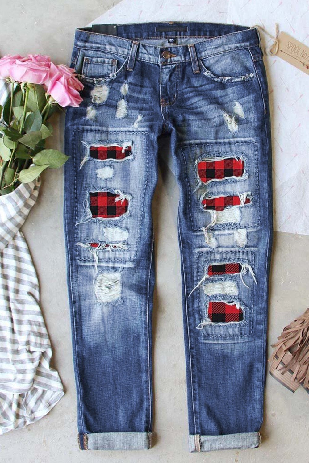 Women's Ripped Plaid Straight Legs Jeans