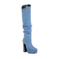 Women's Pointed Toe Platform Chunky Heel Belted Denim Straight Leg Over the Knee Boots