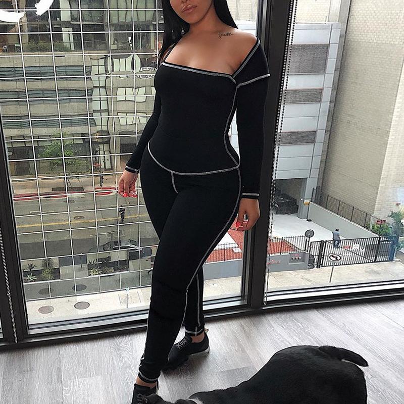 Women's Square Collar Bodycon jumpsuit Long sleeve knitted