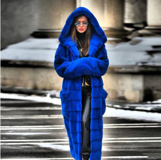 Thickened Royal Blue Faux Fur Long Warm Hooded Coat