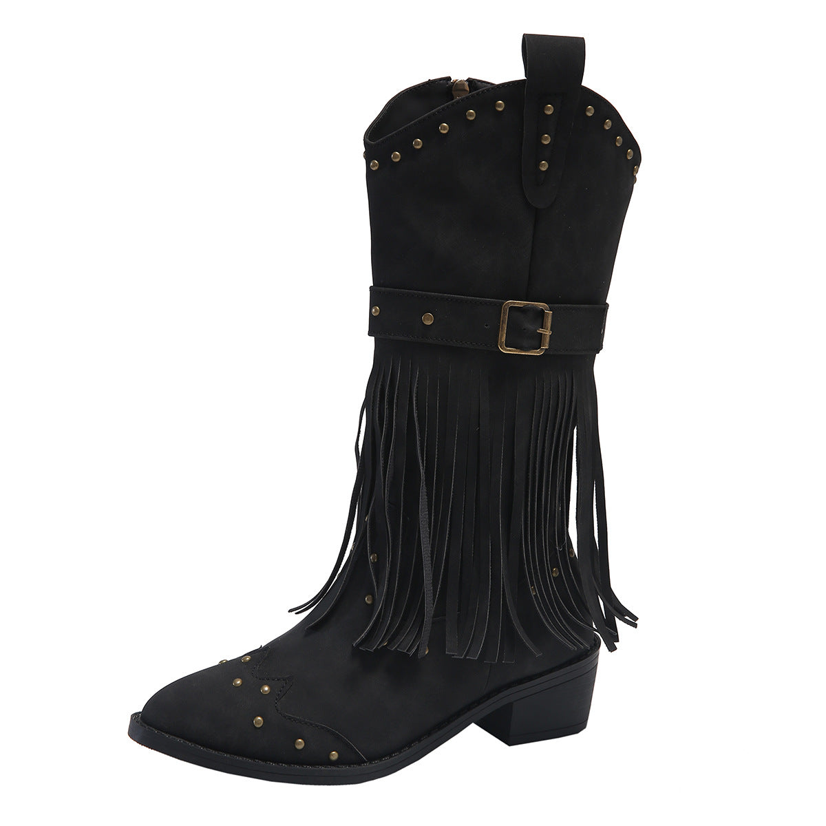 Women's Retro Tassel Boots With Rivet Strap Buckle Mid-calf Western Boots