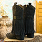 Women's Retro Tassel Boots With Rivet Strap Buckle Mid-calf Western Boots