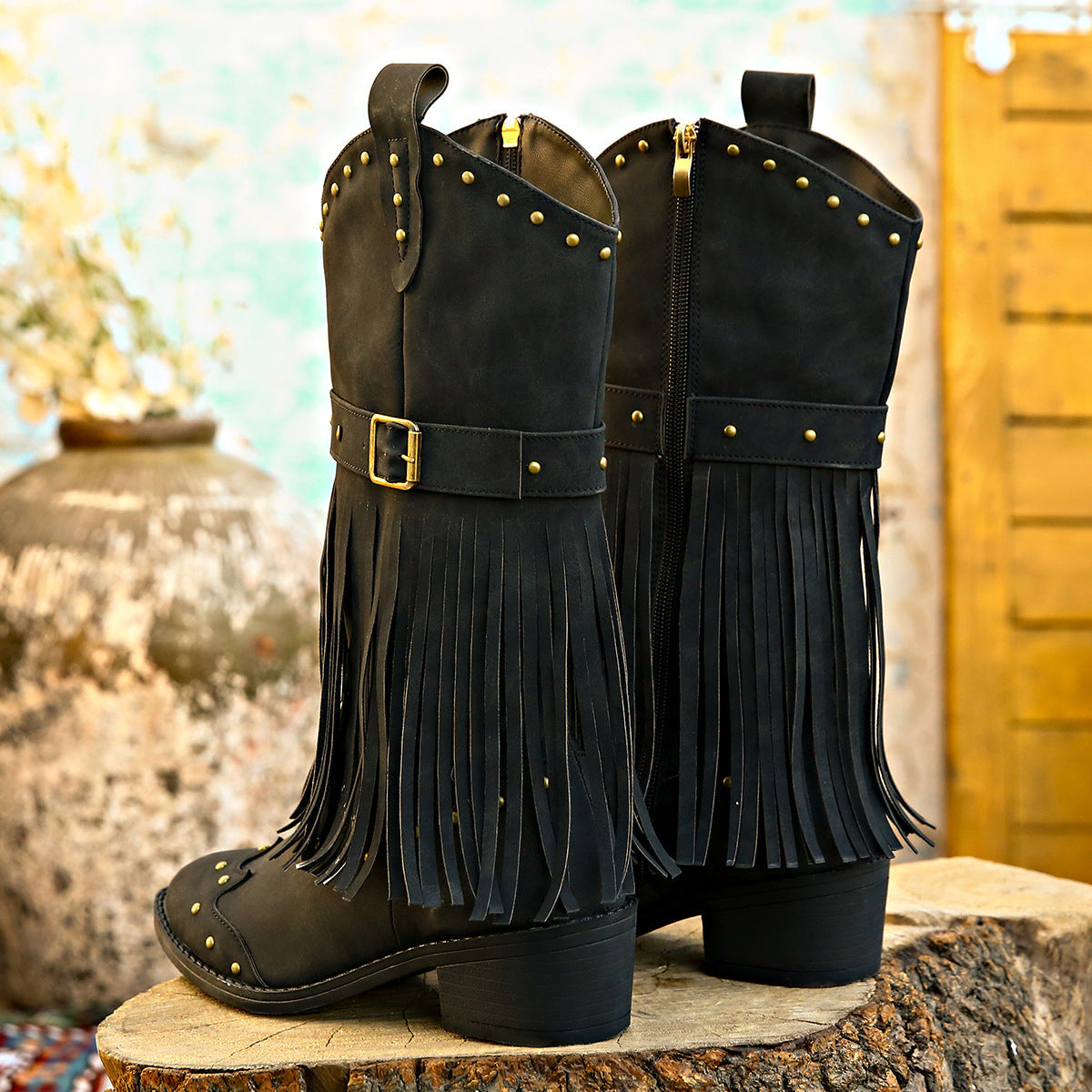 Women's Retro Tassel Boots With Rivet Strap Buckle Mid-calf Western Boots