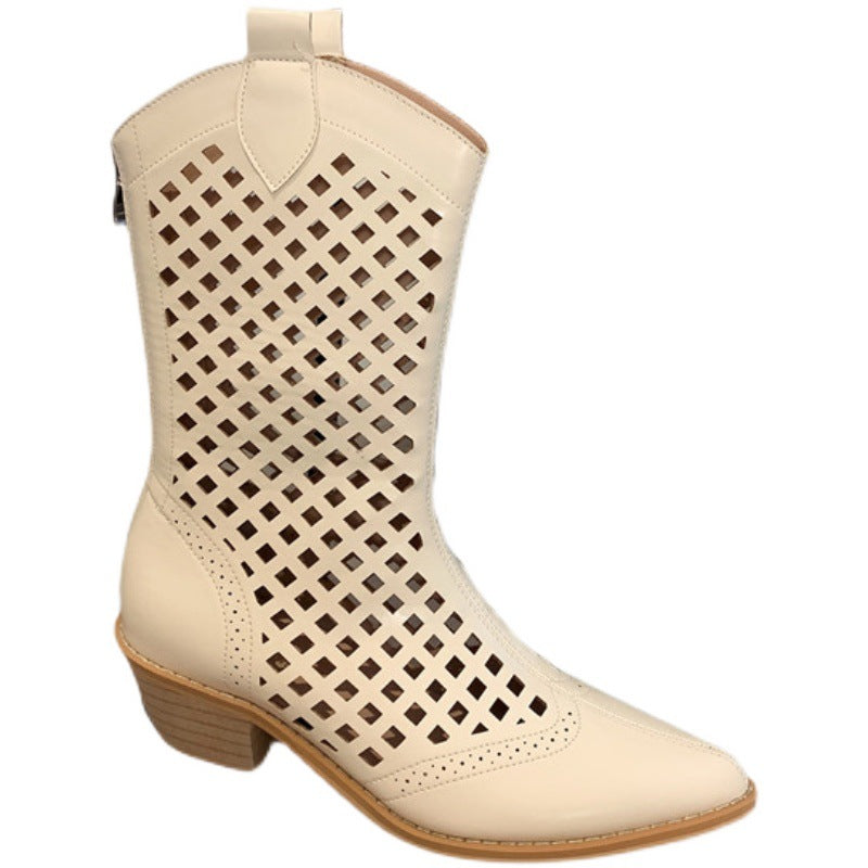 Women's Pointed Toe Western Toe Thick Heel Net Cowboy Boots