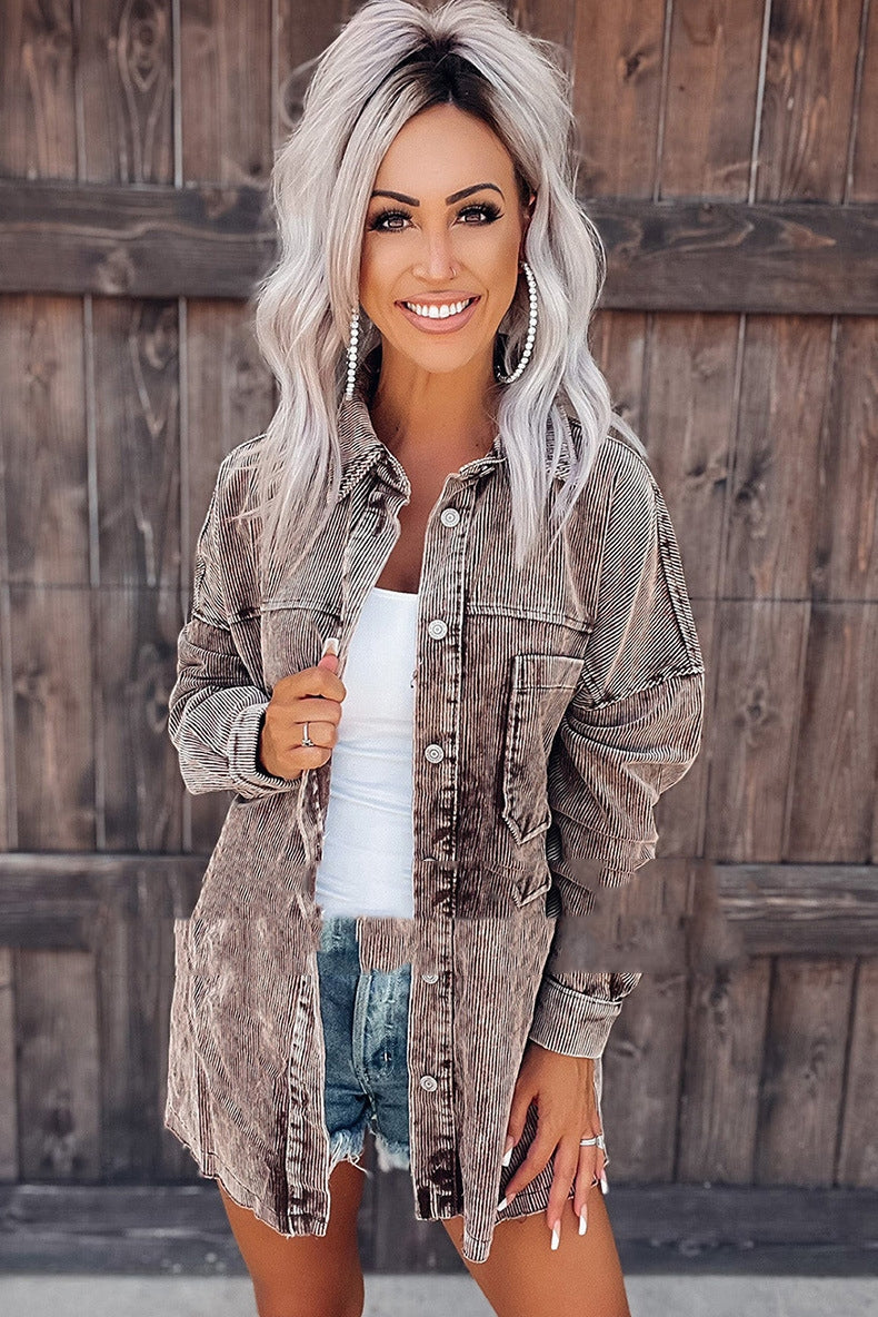 Women's Retro Distressed Corduroy Shirt Jacket