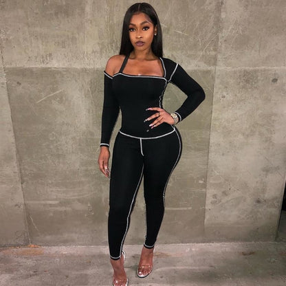 Women's Square Collar Bodycon jumpsuit Long sleeve knitted
