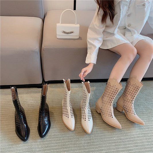 Women's Pointed Toe Western Toe Thick Heel Net Cowboy Boots