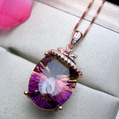 Women's Genuine Amethyst Precious Stone Pendant S925 Silver Necklace