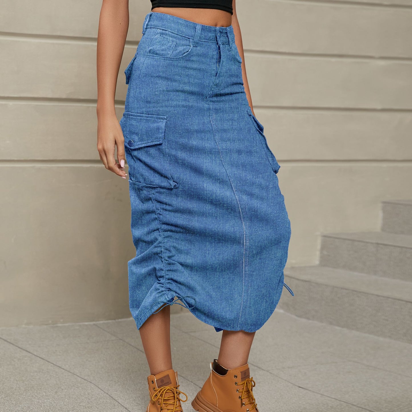 Women's Drawstring Ruched Slit Denim Midi Skirt
