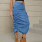 Women's Drawstring Ruched Slit Denim Midi Skirt