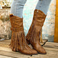 Women's Retro Tassel Boots With Rivet Strap Buckle Mid-calf Western Boots