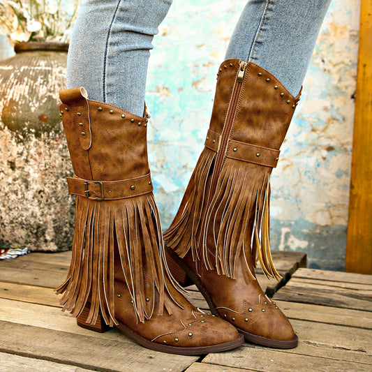 Women's Retro Tassel Boots With Rivet Strap Buckle Mid-calf Western Boots