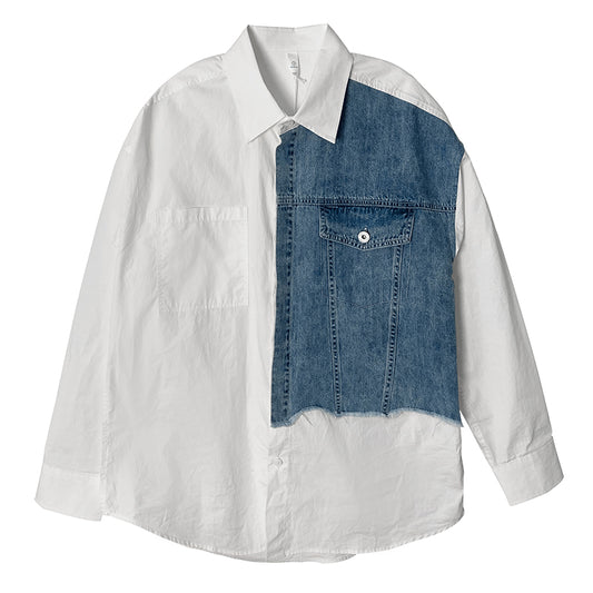 Men's Retro Denim Splicing Design Shirt