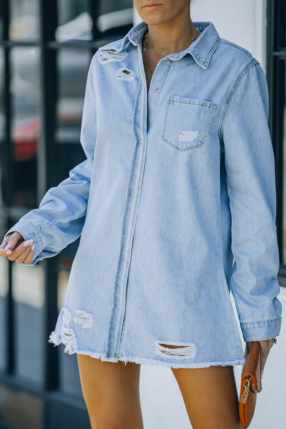 Women's Distressed Snap Down Denim Jacket