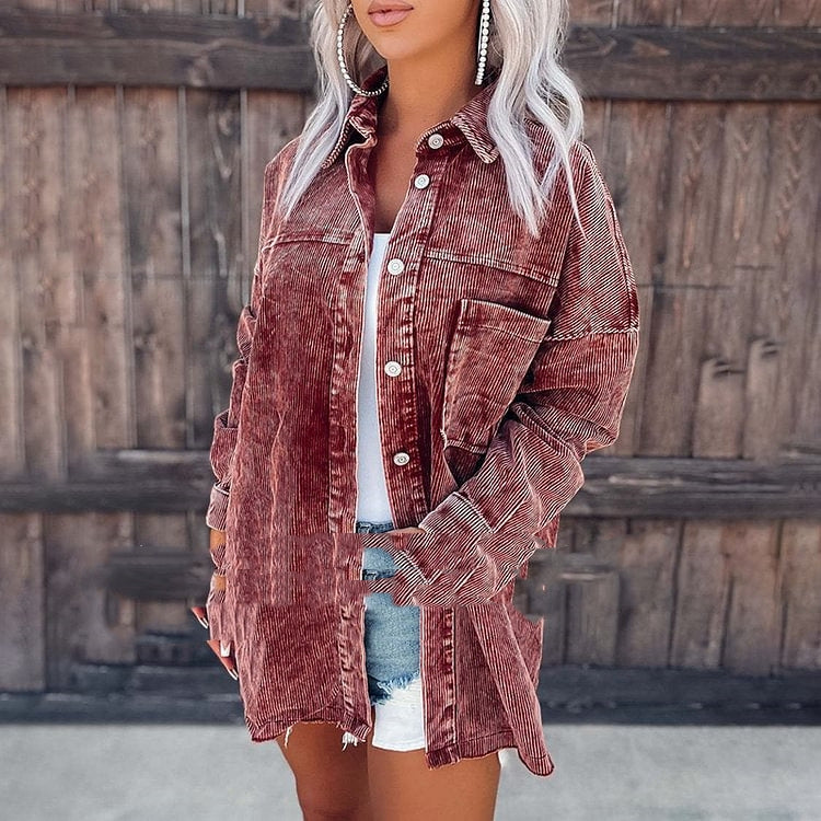 Women's Retro Distressed Corduroy Shirt Jacket